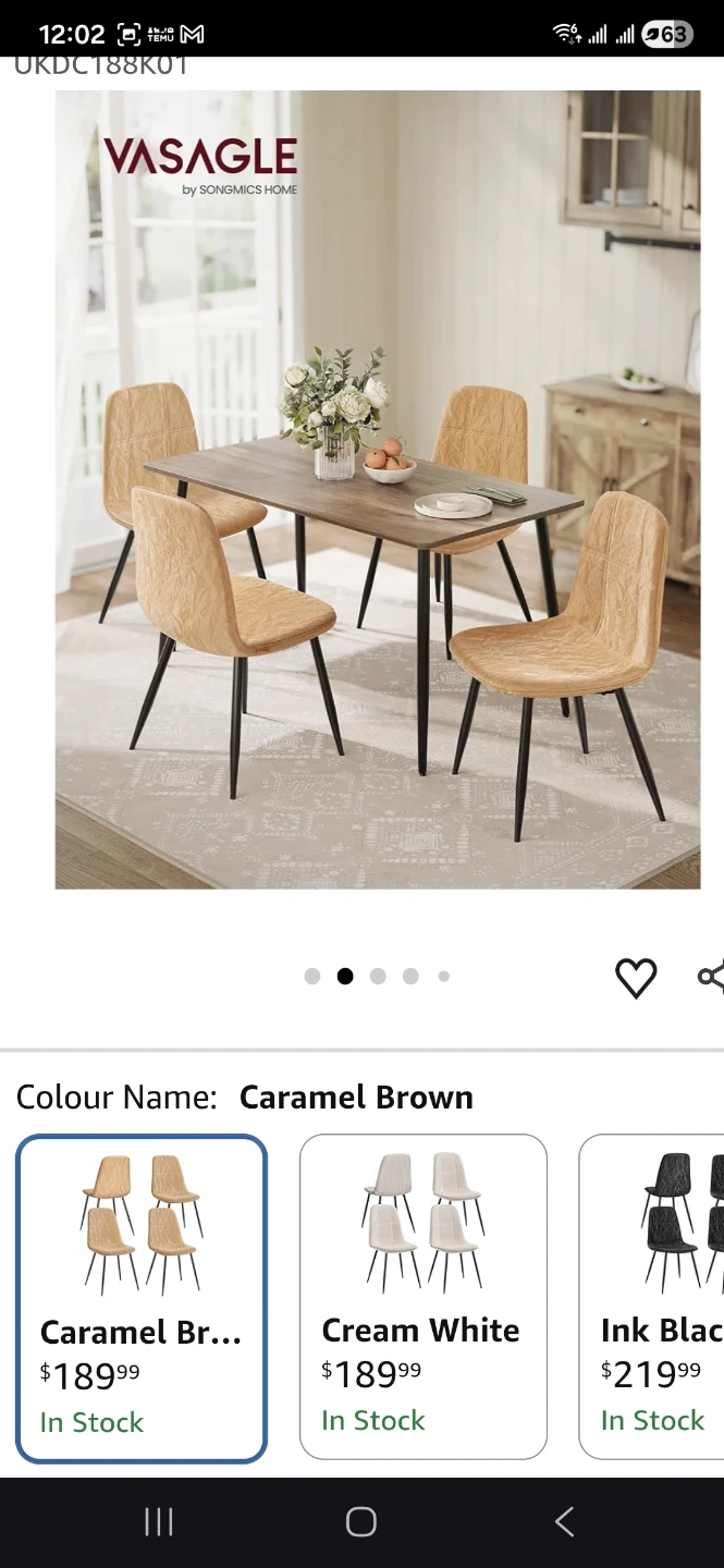 VASAGLE Dining Chairs (Set of 4) - Caramel Brown and Black