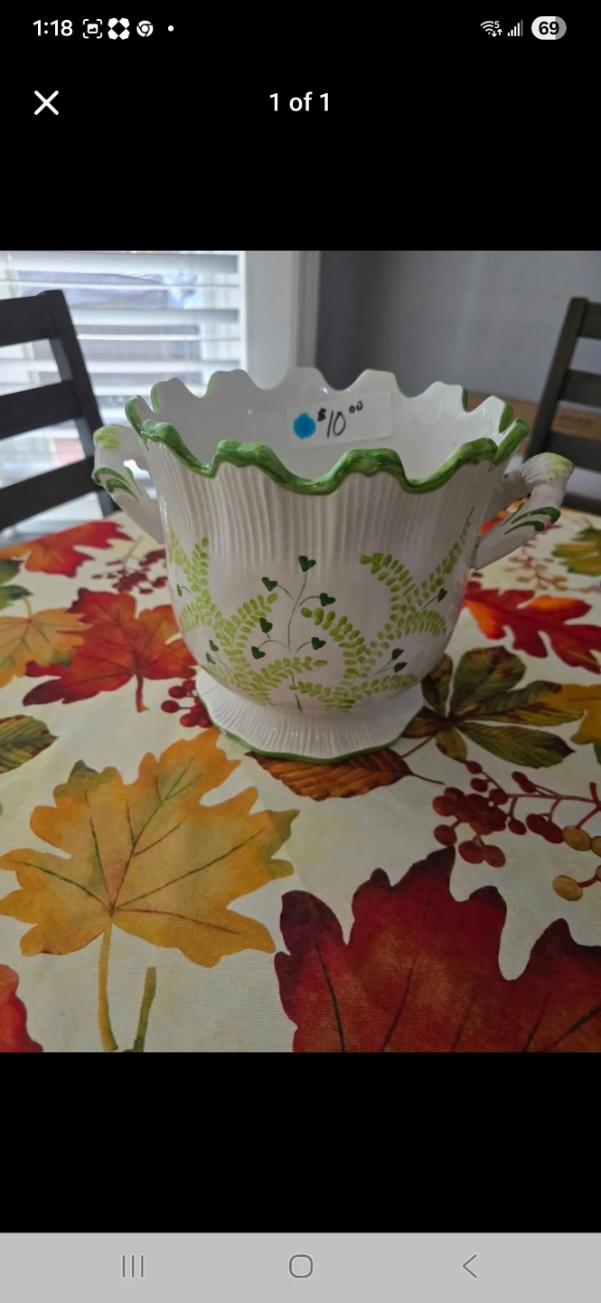 Decorative Ceramic Pot with Green Leaf Design