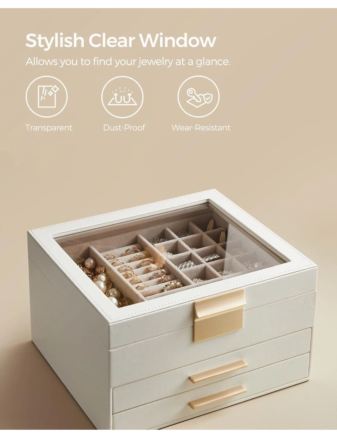 Cream Faux Leather Jewelry Box Organizer