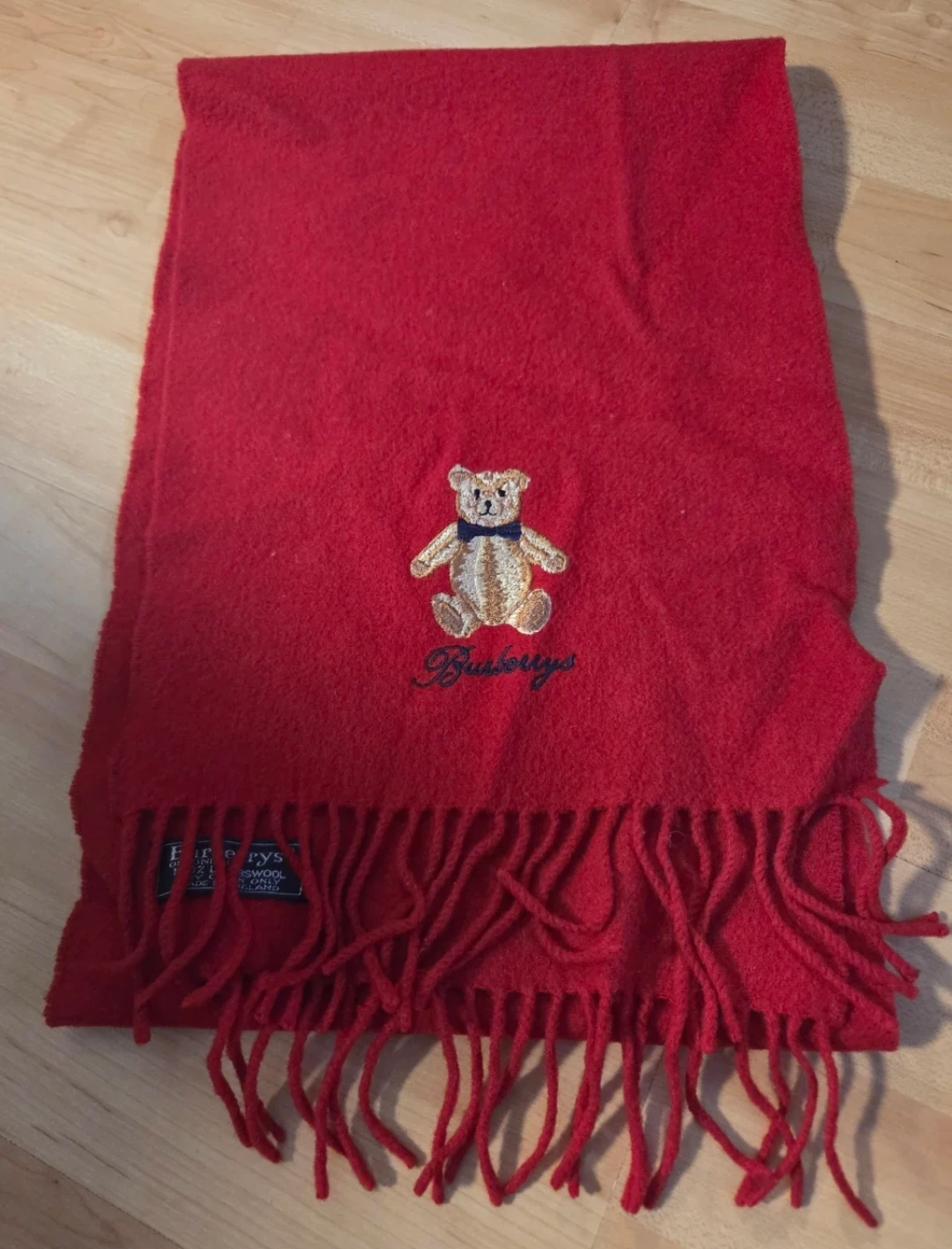 Burberrys of London Red Lambswool Scarf with Teddy Bear