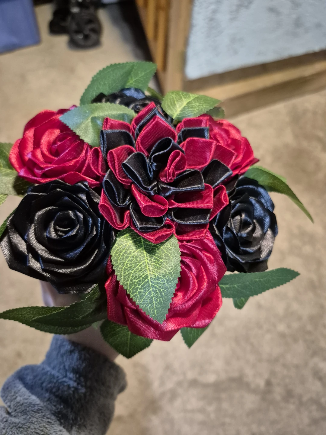 Handmade Red and Black Ribbon Flower Bouquet