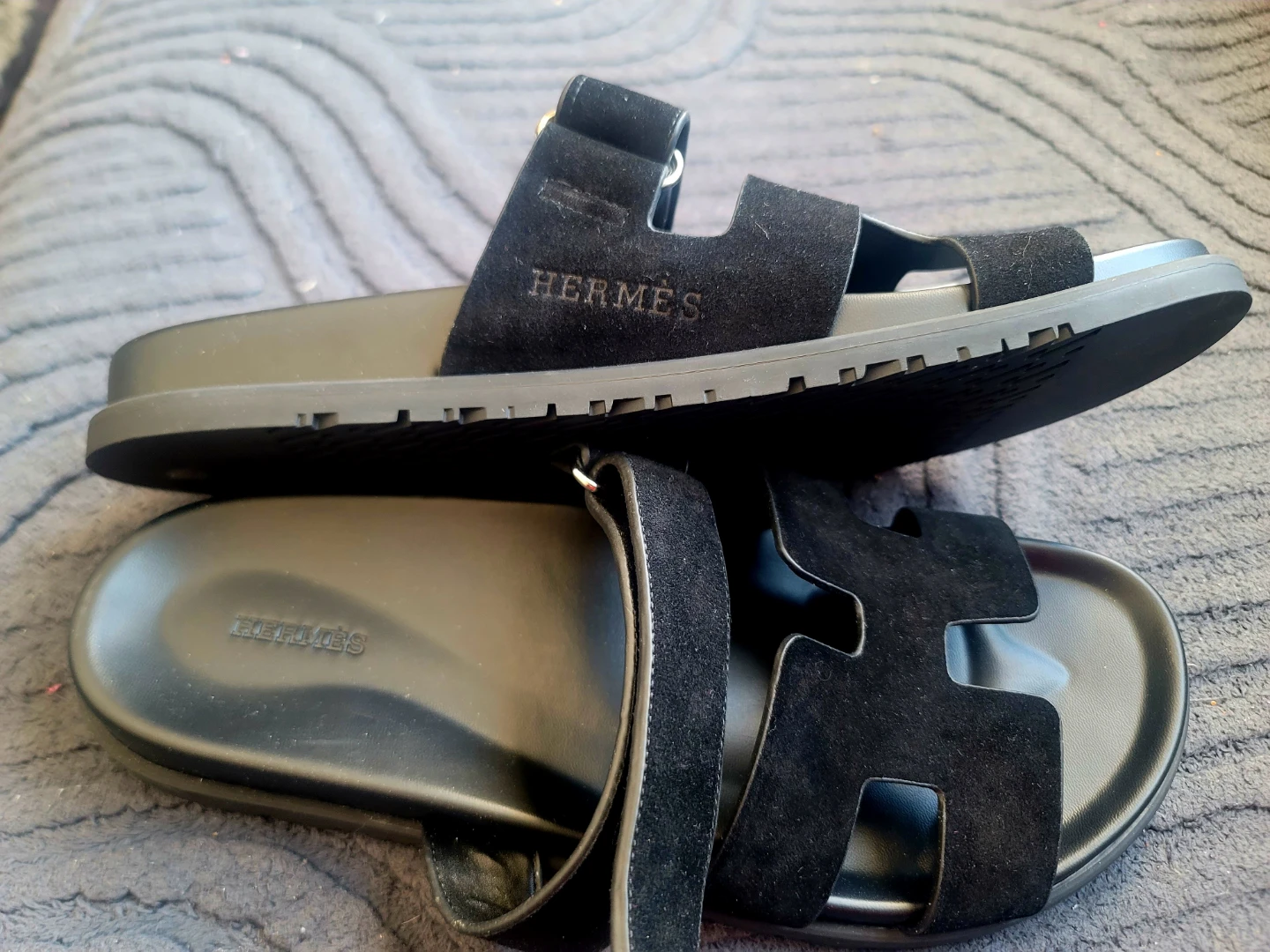 New Men Hermès Black Suede and Leather Slides - photo 3