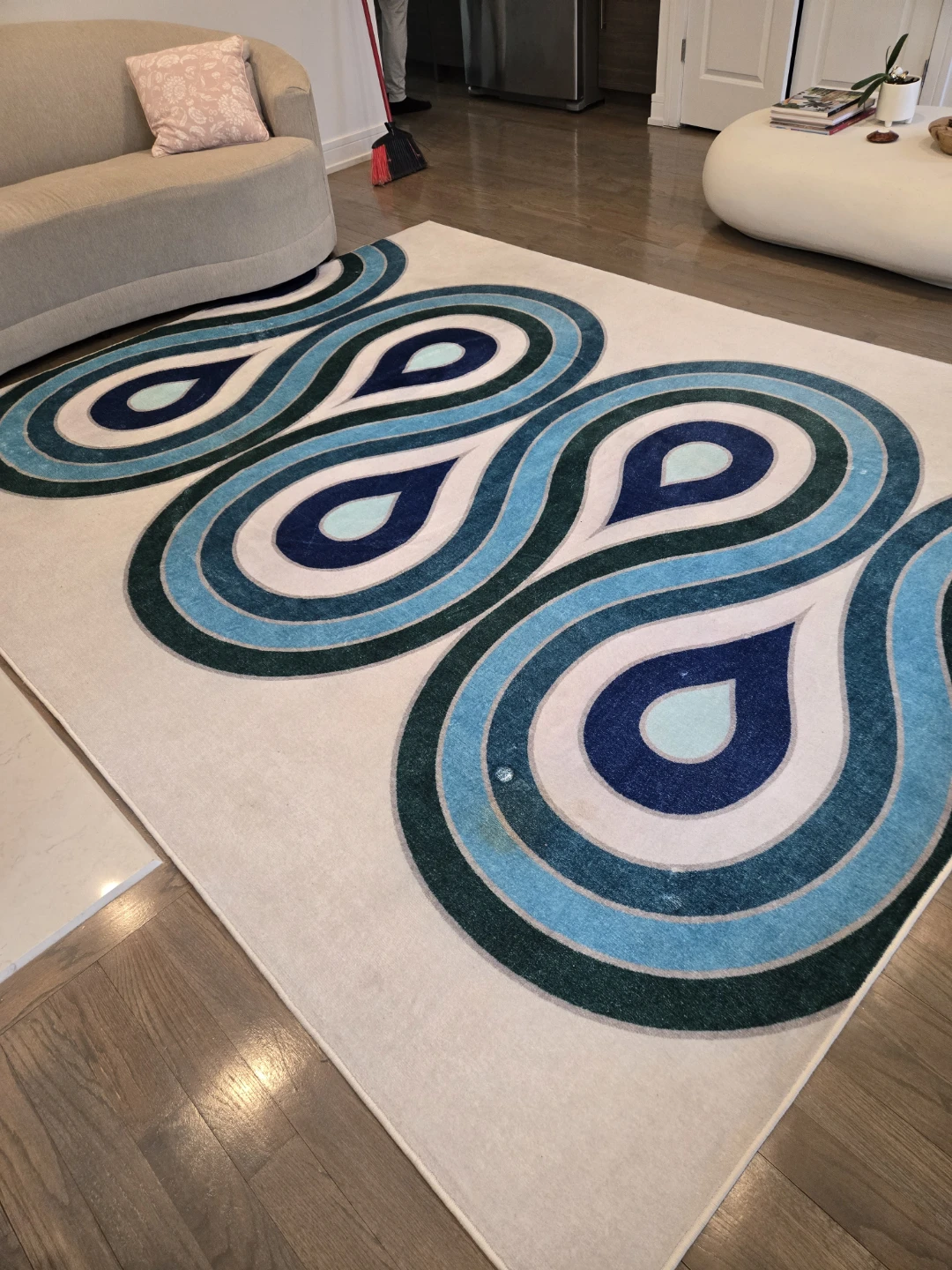 Cream and Blue Swirl Area Rug