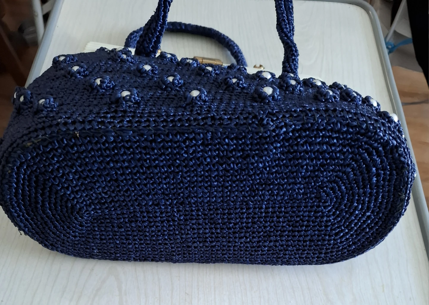 Navy Blue Woven Handbag with Pearl Accents - photo 2