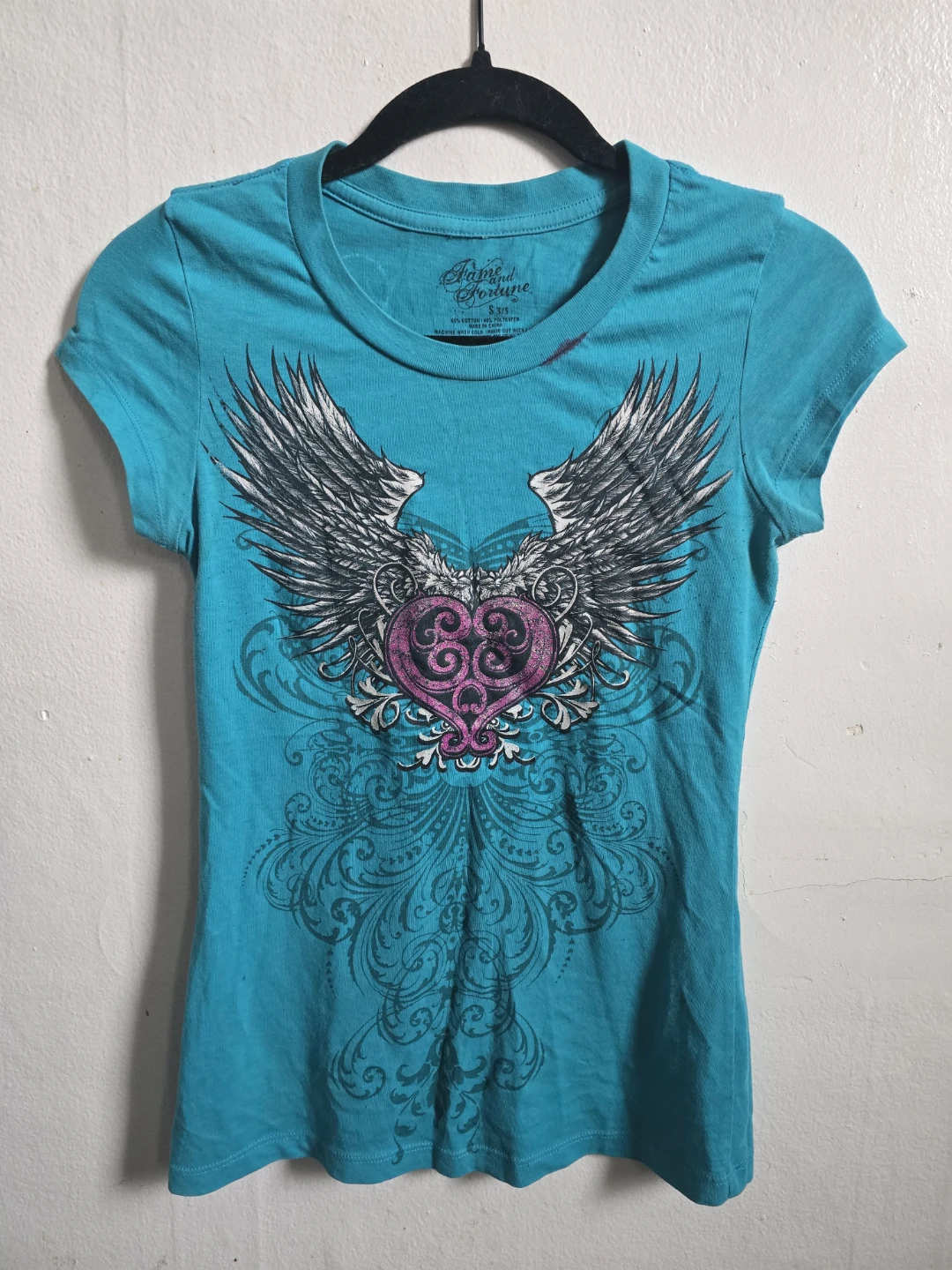 Fame & Fortune Teal Winged Heart T-Shirt Size S