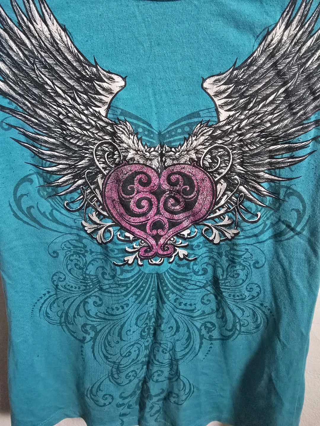 Fame & Fortune Teal Winged Heart T-Shirt Size S - photo 2