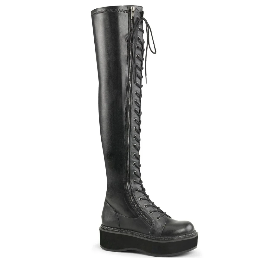 Women's Black Faux Leather Over-the-Knee Platform Boots. Size 11