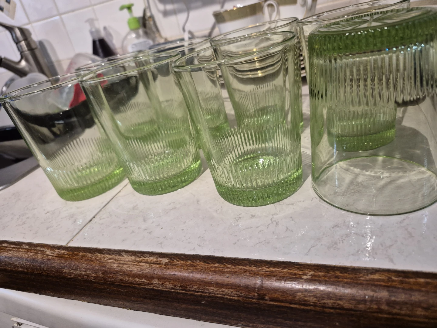 Set of 6 Green Ribbed Glass Tumblers