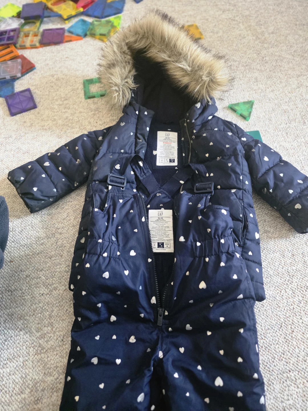 🏆 Gap Baby Snowsuit set 18-24 Months Navy Heart Print