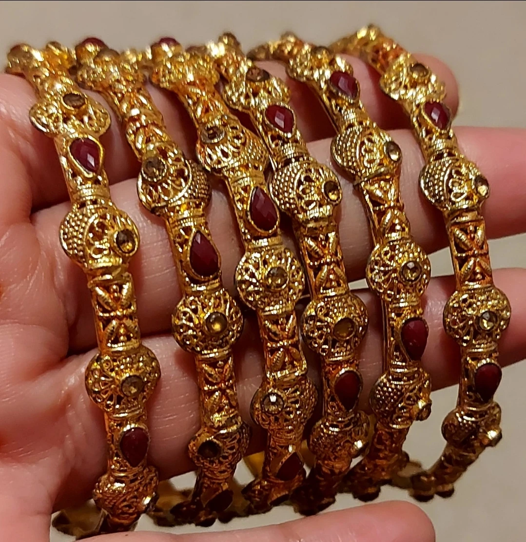 Set of 6 Gold-Tone Bangles with Red Stones