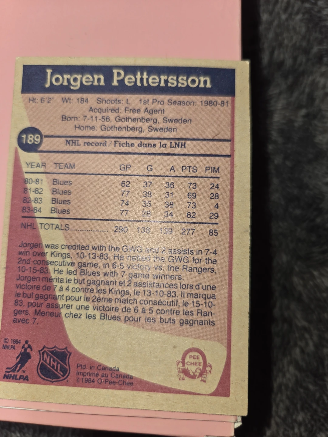 Jorgen Pettersson 1984 O-Pee-Chee Hockey Card #189 - photo 2
