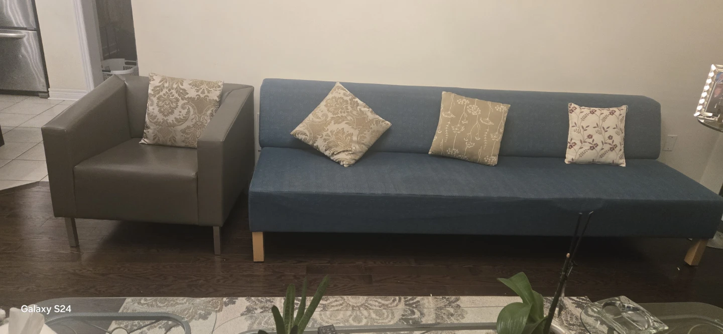 Blue Futon Sofa with Accent Pillows