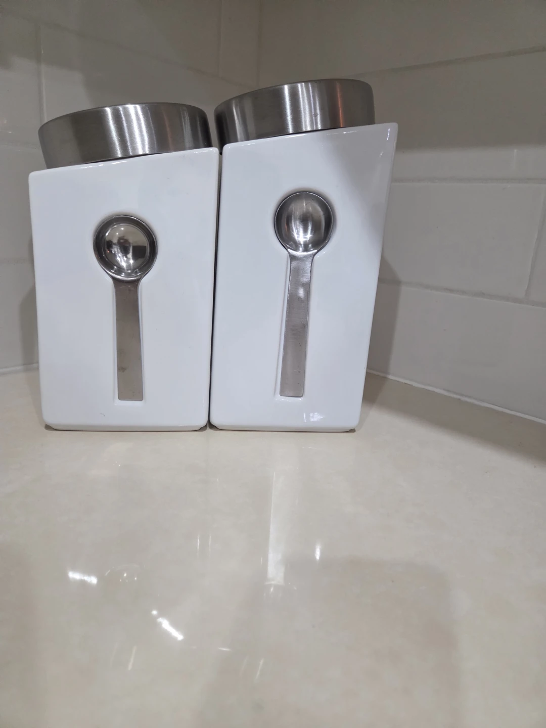 Set of 2 White Canisters with Spoons