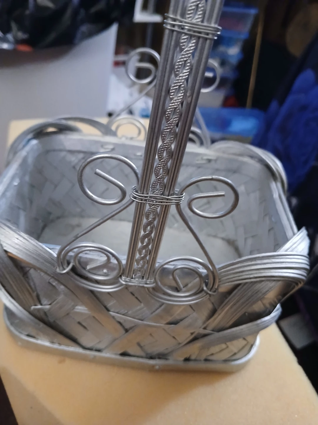 Straw basket painted silver tin handle