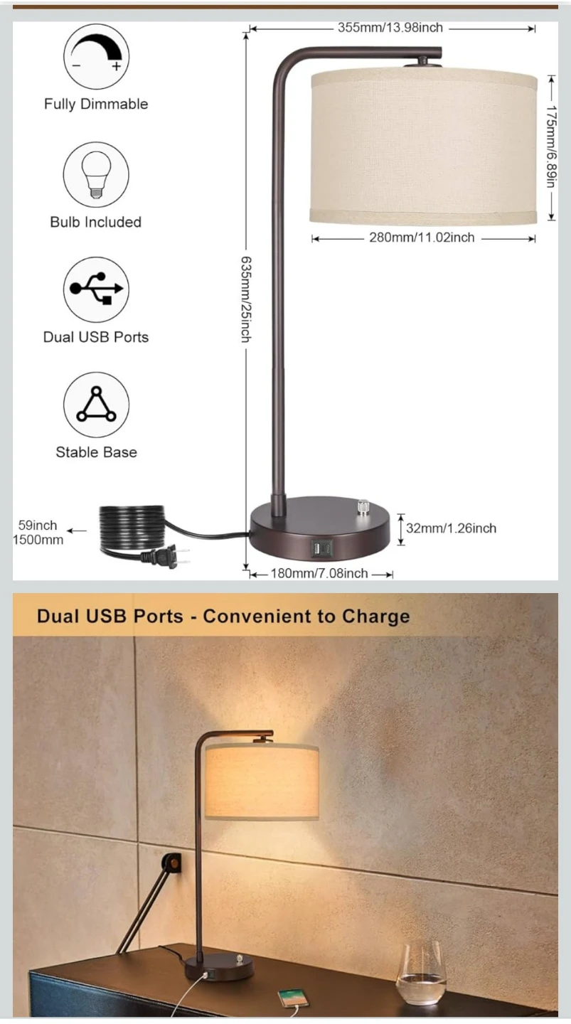 Set of 2 Fully Dimmable Bedside Table Lamps with USB Ports - photo 2