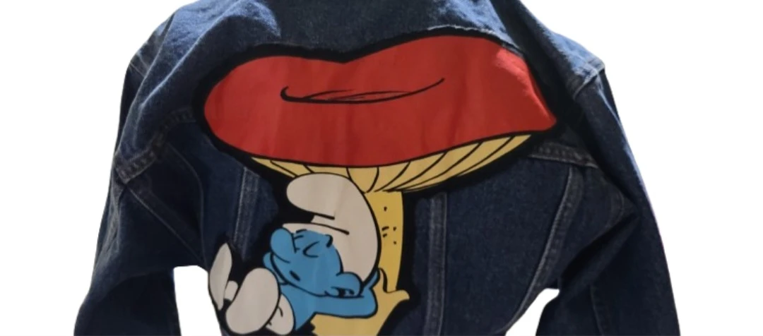 Denim Jacket with Smurf and Mushroom Graphic🥕 - photo 3