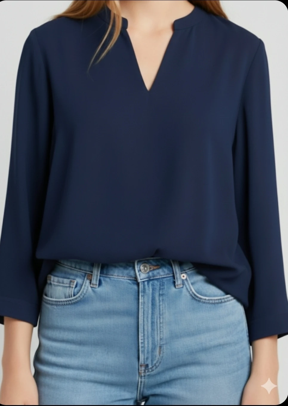 Navy Blue V-Neck Blouse -3/4 sleeve- Size Medium