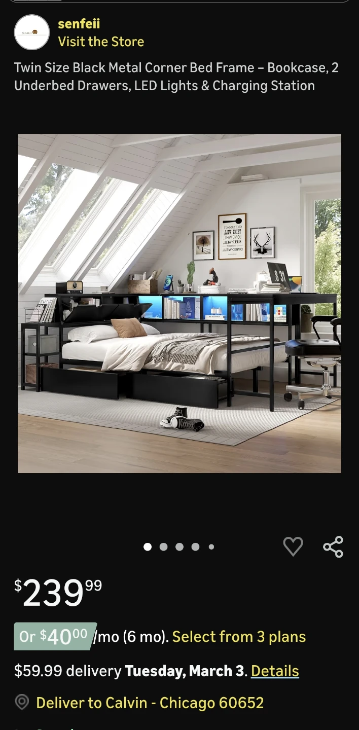 Twin Size  Corner Bed Frame with  LED Lights & Charging Station