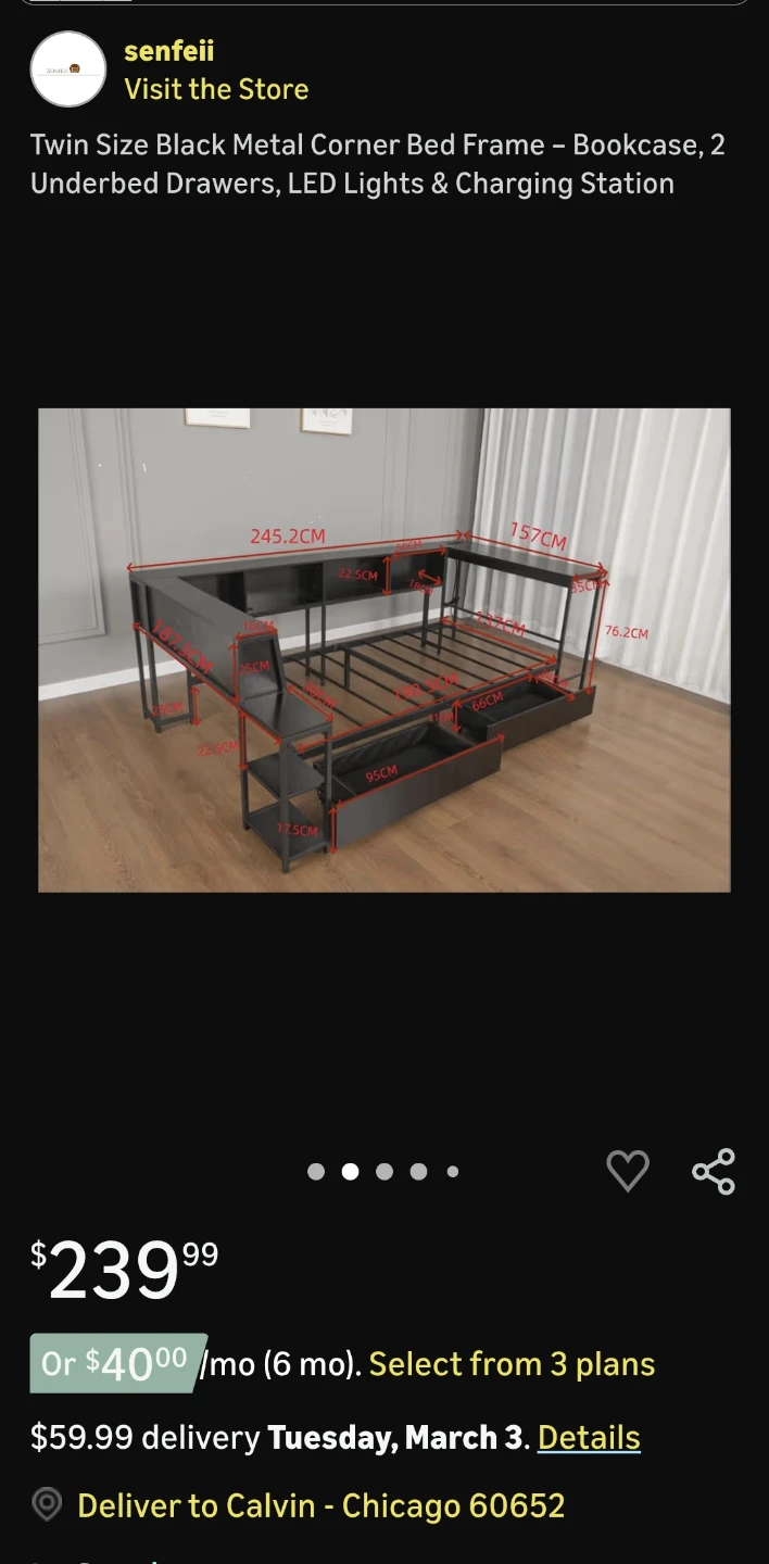 Twin Size  Corner Bed Frame with  LED Lights & Charging Station - photo 2