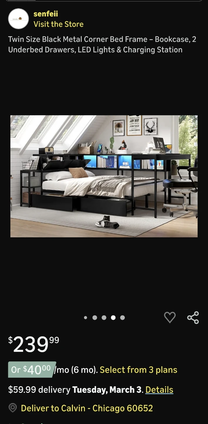 Twin Size  Corner Bed Frame with  LED Lights & Charging Station - photo 3