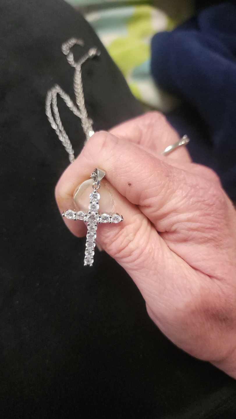 Silver Tone Cross Pendant Necklace with Clear Stones