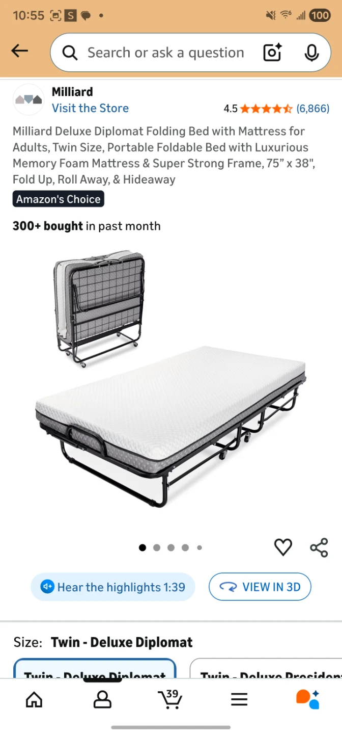 Milliard Deluxe Diplomat Folding Bed with Mattress - Twin