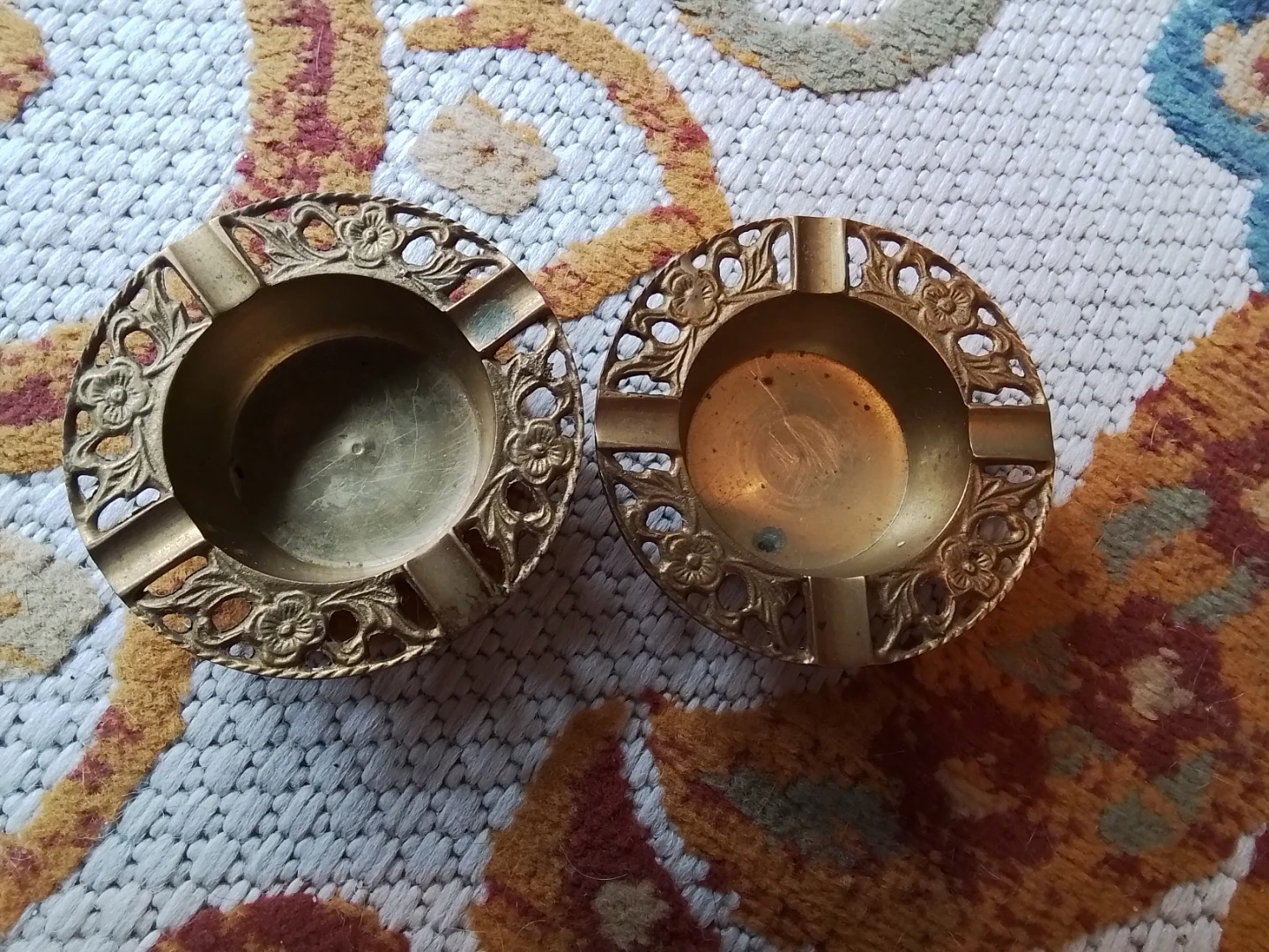 Vintage Solid Brass Ashtrays Multi Floral Patterns 1970's Pair