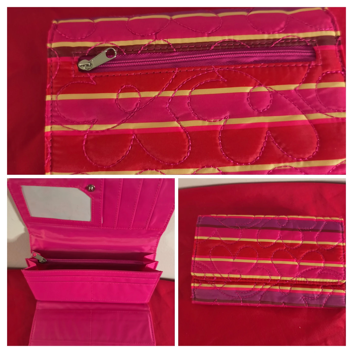 Quilted Wallet with Pink, Red, and Yellow Stripes