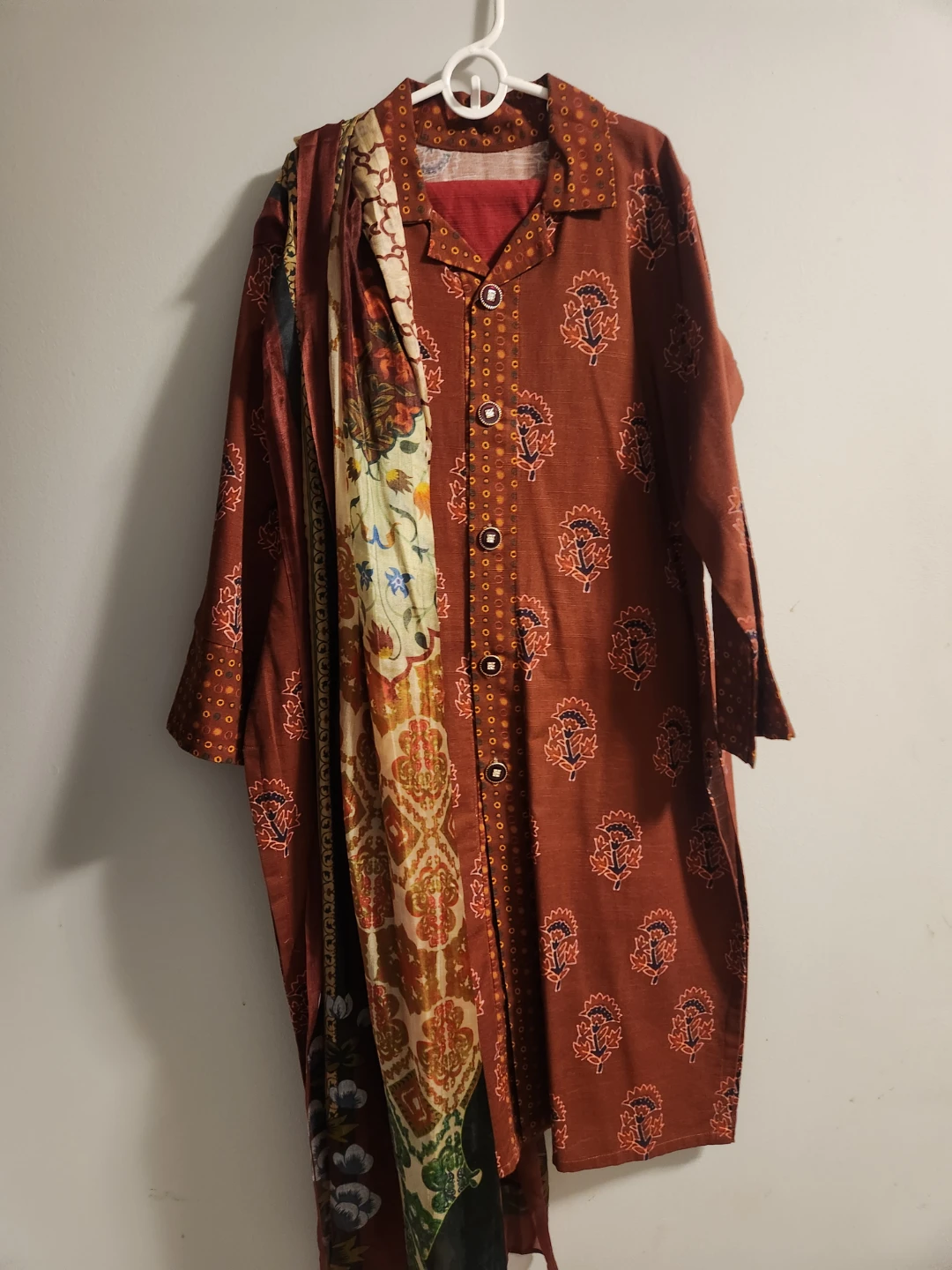 Women's Brown Floral Print Kurti with Scarf