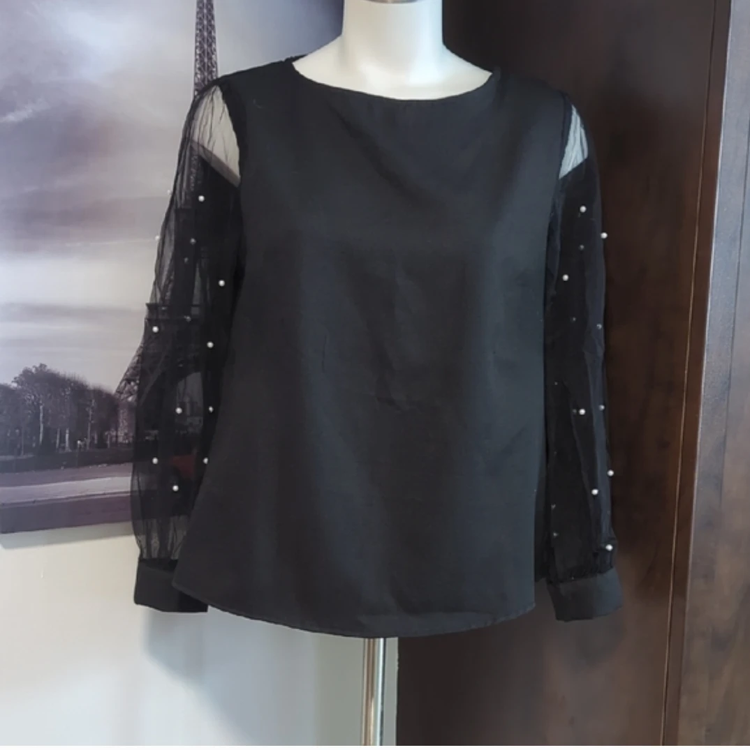 SHEIN Black Pearl Mesh Sleeve Top - Size S