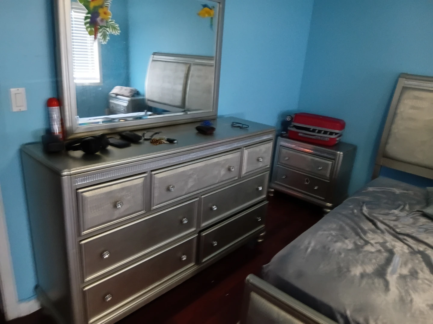 Silver Bedroom Set - king Bed Frame, Dresser, and Nightstand