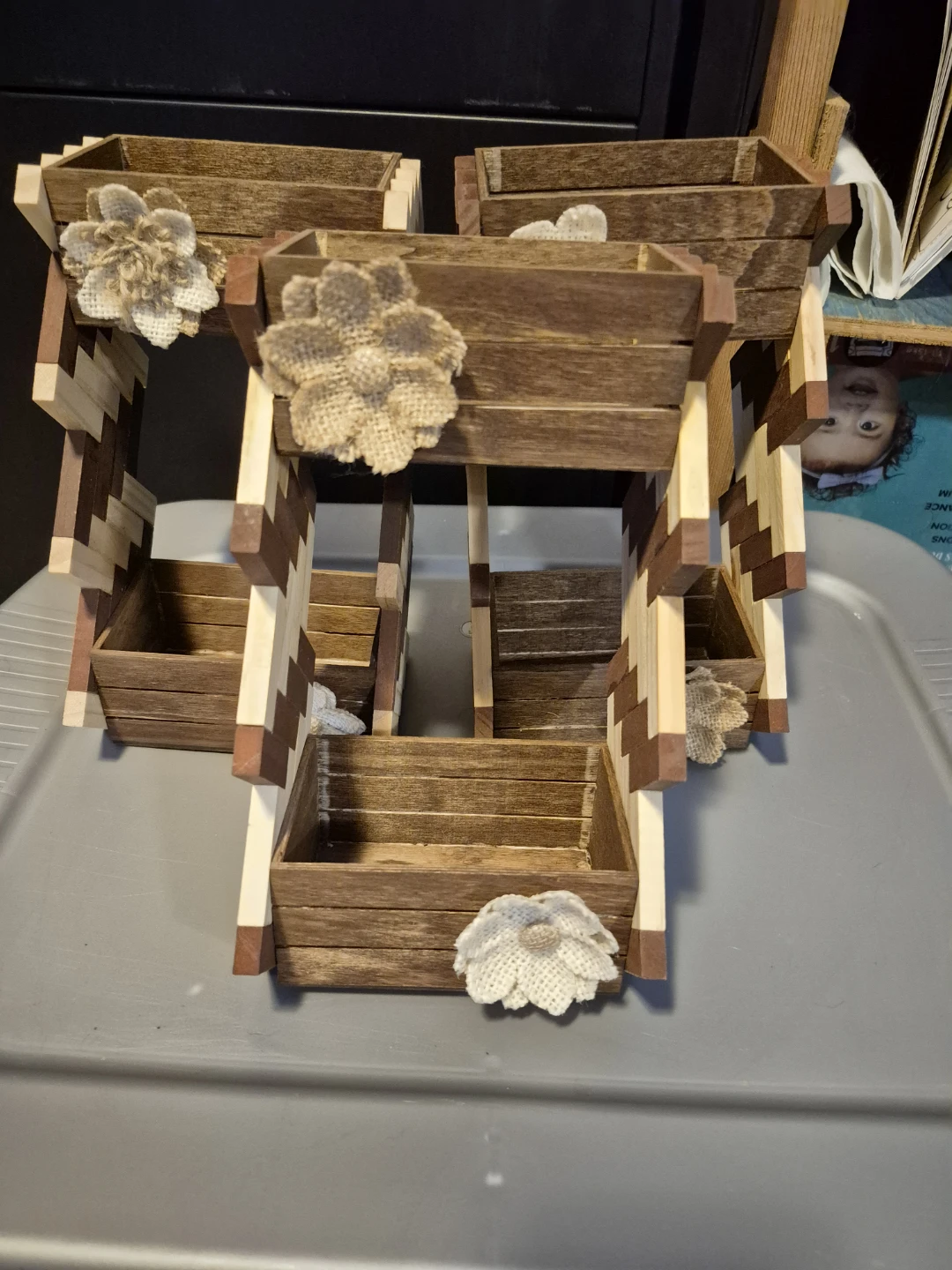 Wooden Tiered Organizer with Flowers