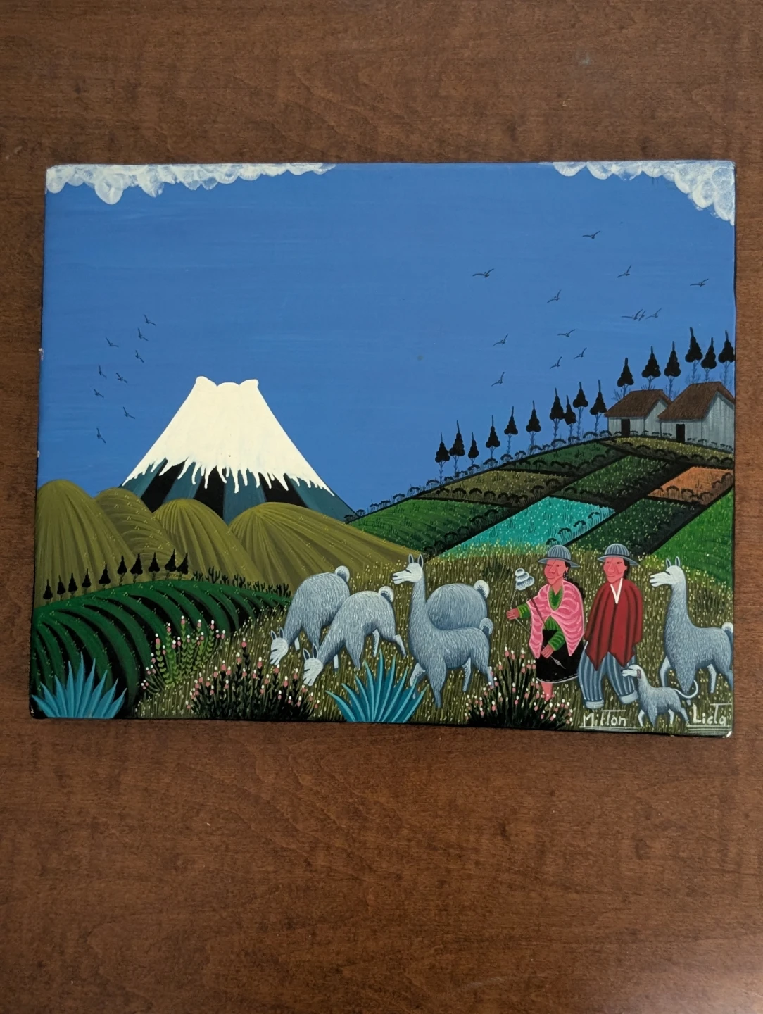Original Folk Art Painting of Mountain Landscape with Llamas - photo 2