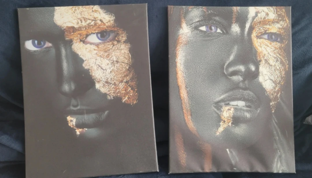 Set of 2 Modern Canvas Art Prints - Black & Gold Face Design