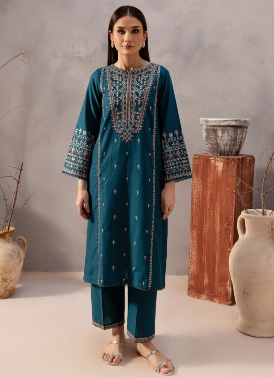 Teal Embroidered Kurti with Pants