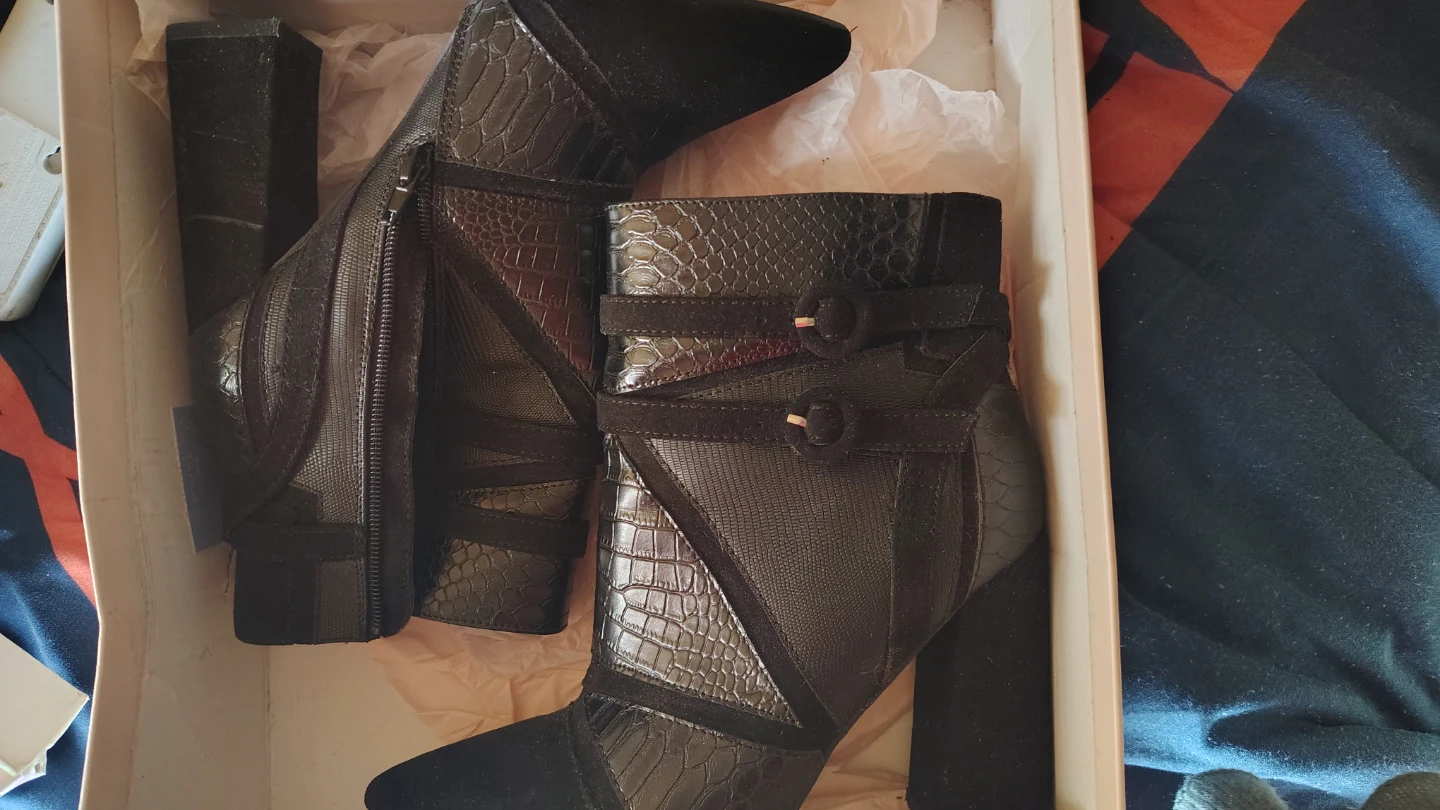 Black Suede and Embossed Faux Leather Heeled Ankle Boots