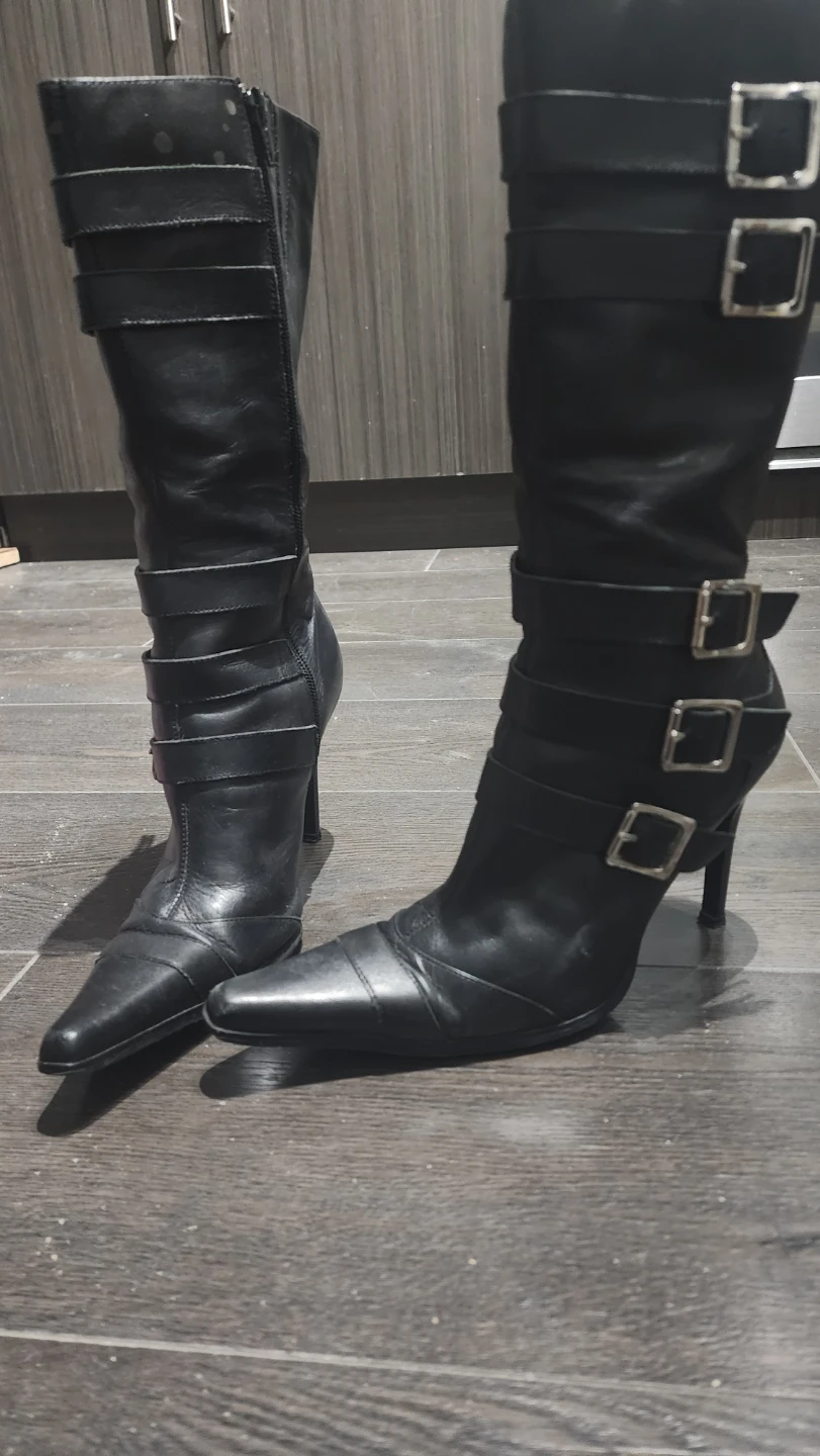 Black Leather Buckle Knee-High Boots