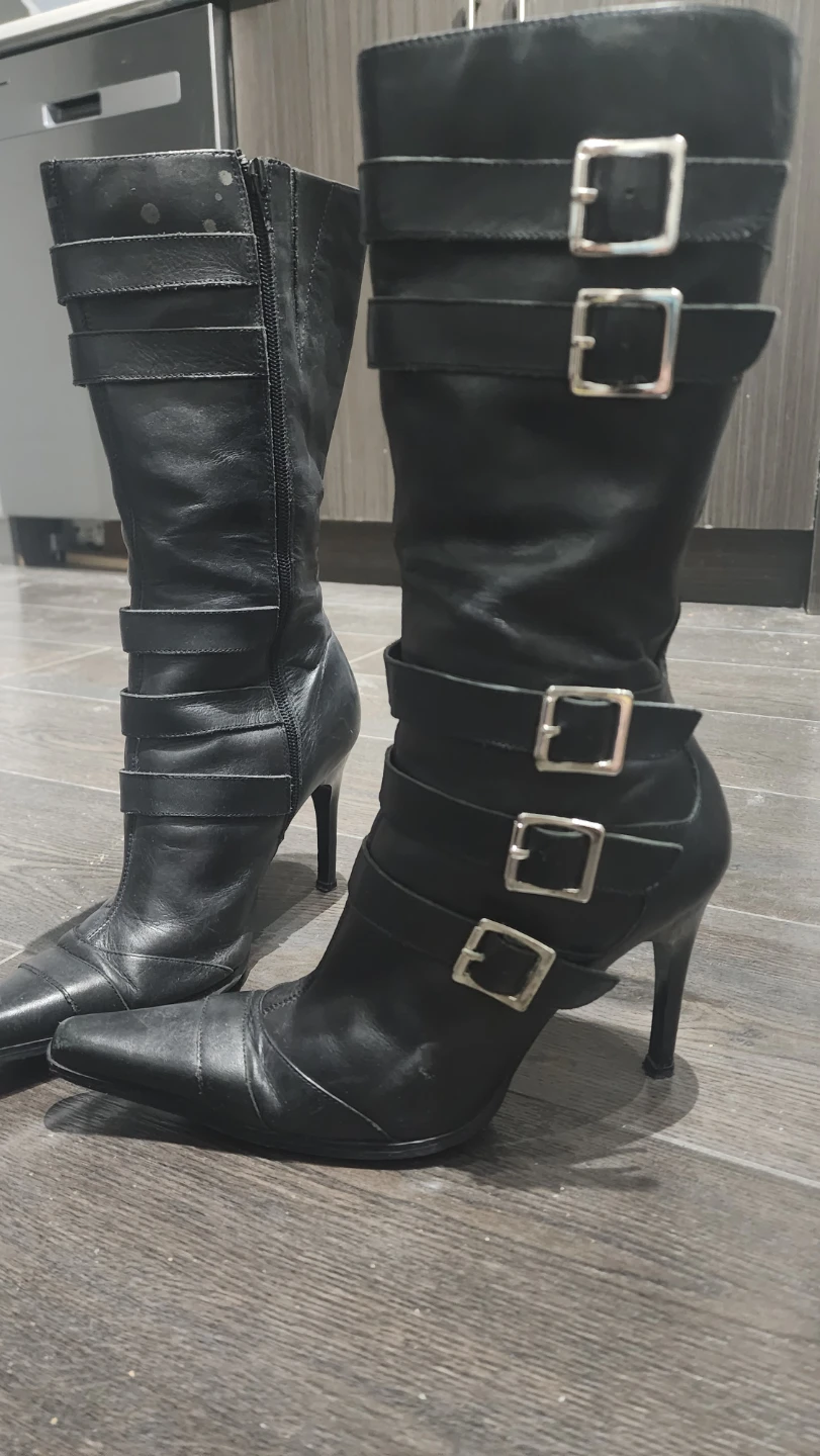 Black Leather Buckle Knee-High Boots - photo 2
