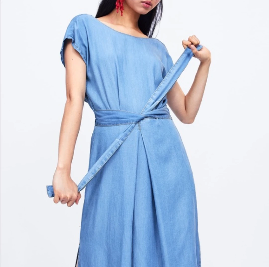 Zara Denim Midi Dress with Tie Belt - Size XS