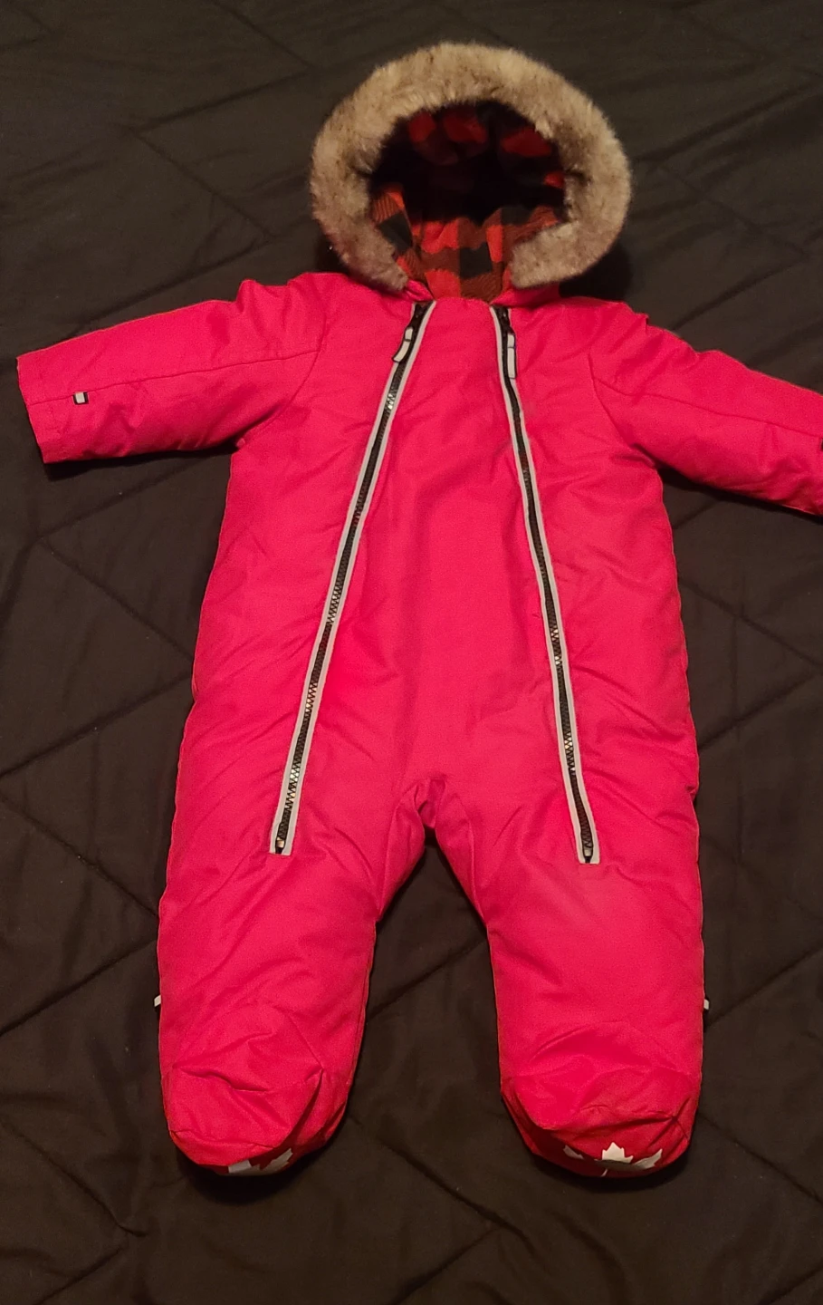 Red Snowsuit with Plaid Lining and Fur Hood 🥕