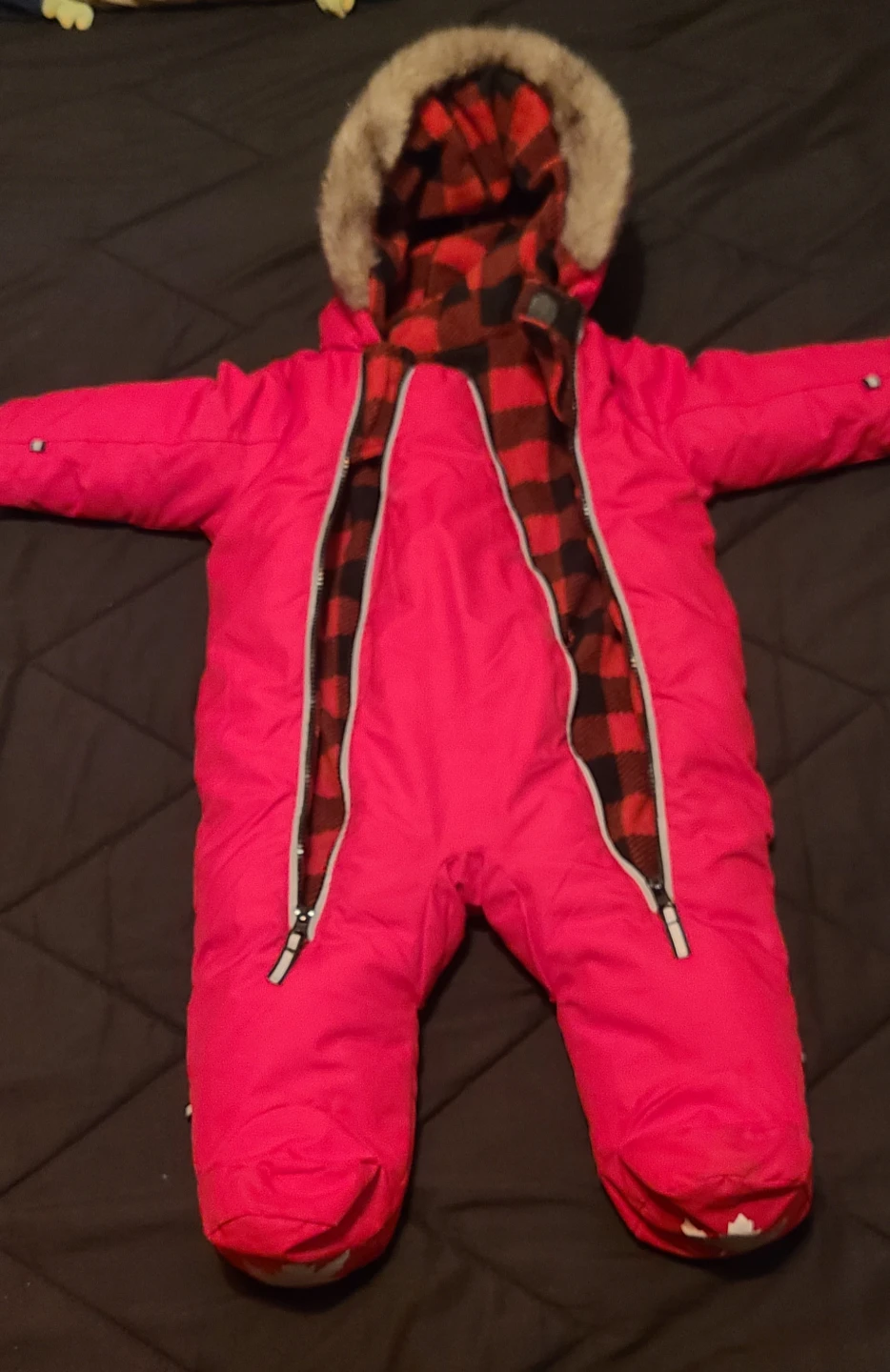 Red Snowsuit with Plaid Lining and Fur Hood 🥕 - photo 2