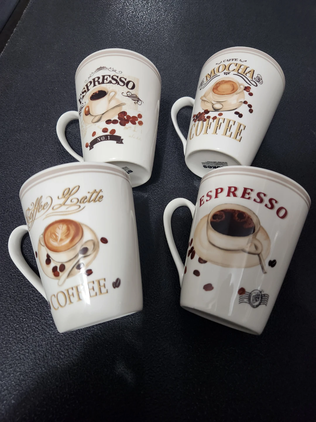 Set of 4 Coffee Mugs - Espresso, Mocha, Latte Designs