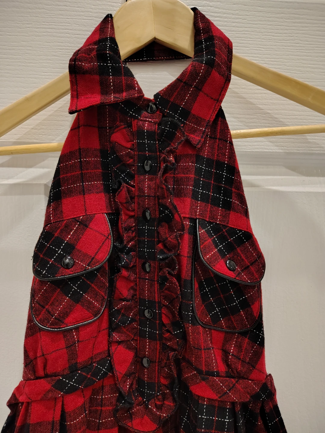 Vintage Red and Black Plaid Halter Dress with Pockets - XS - photo 2