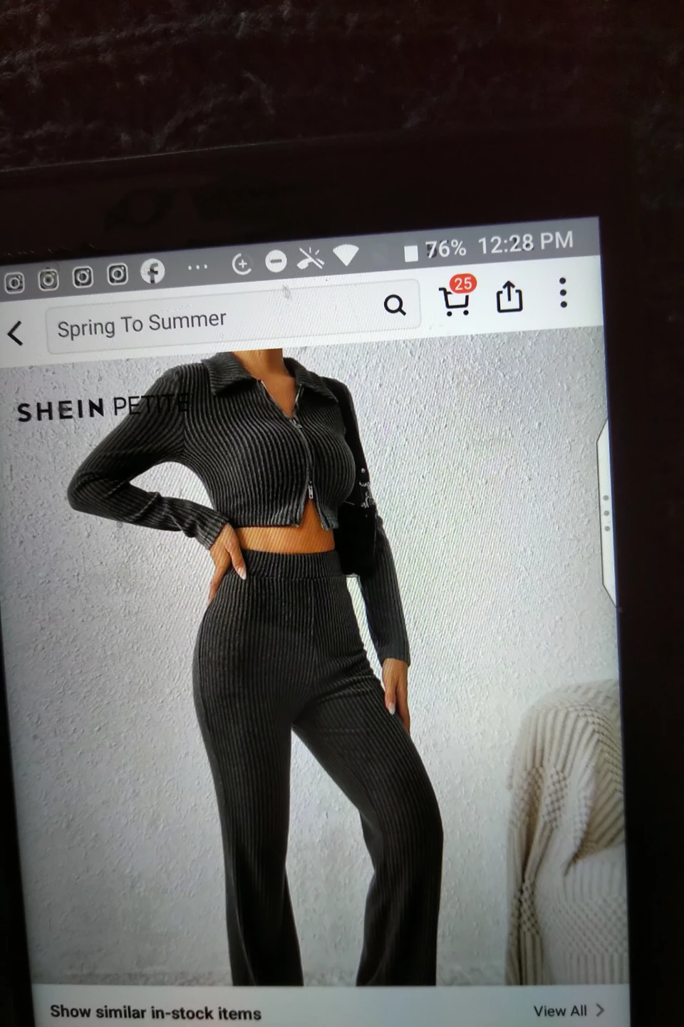 SHEIN Petite Ribbed Zipper Crop Top and Flare Pants Set - photo 5