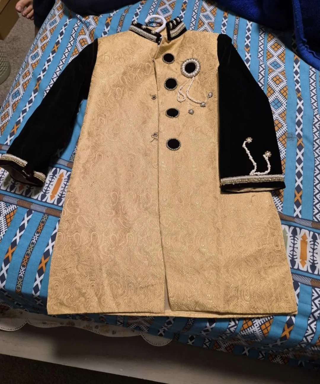 Gold Brocade Sherwani with Black Velvet Sleeves