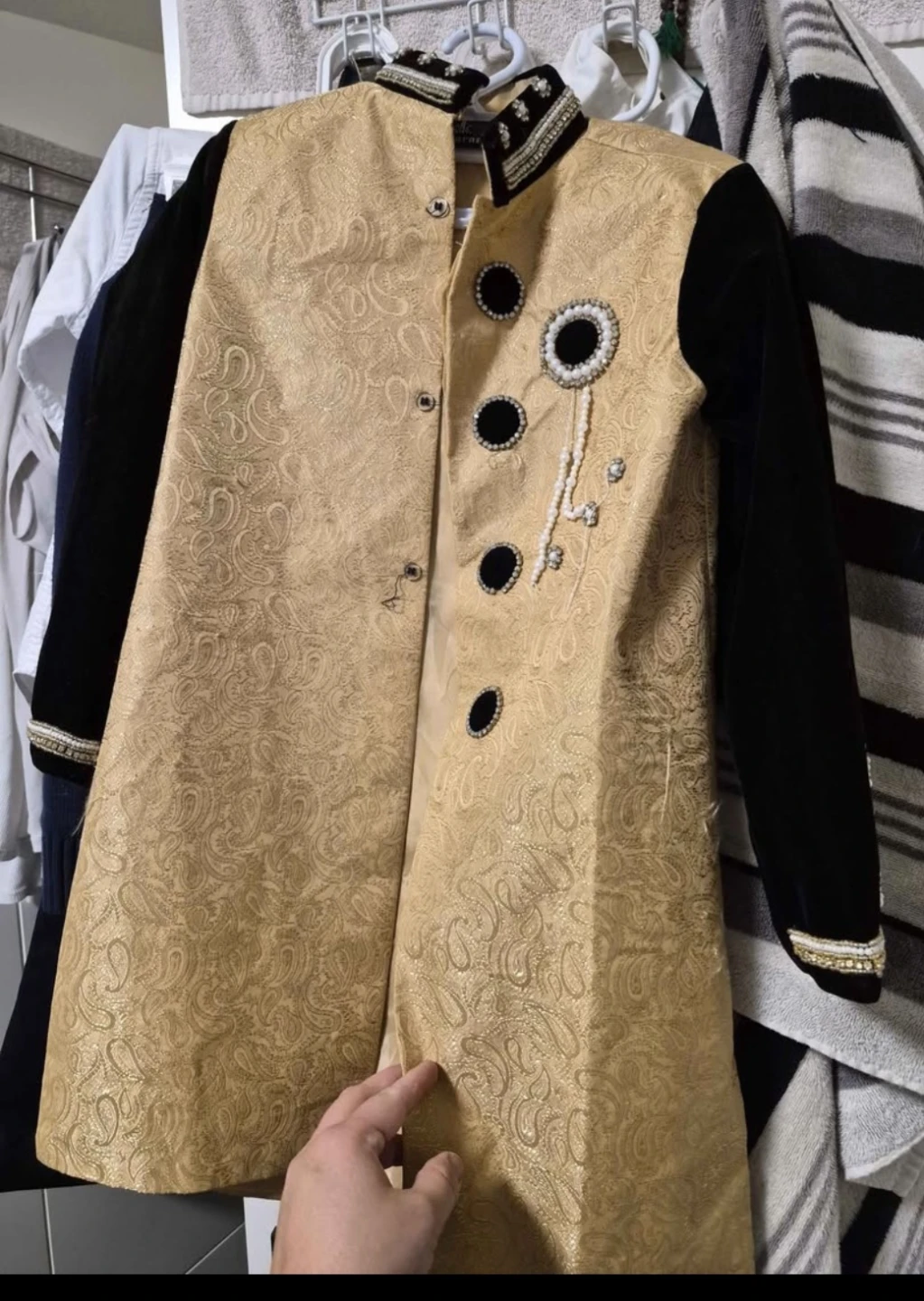 Gold Brocade Sherwani with Black Velvet Sleeves - photo 3