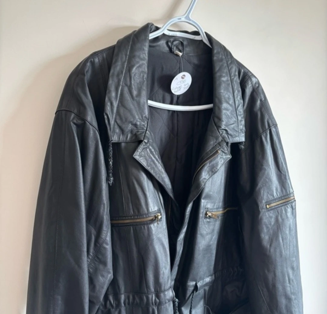 Vintage Black Leather Long Jacket - Size XL - photo 2