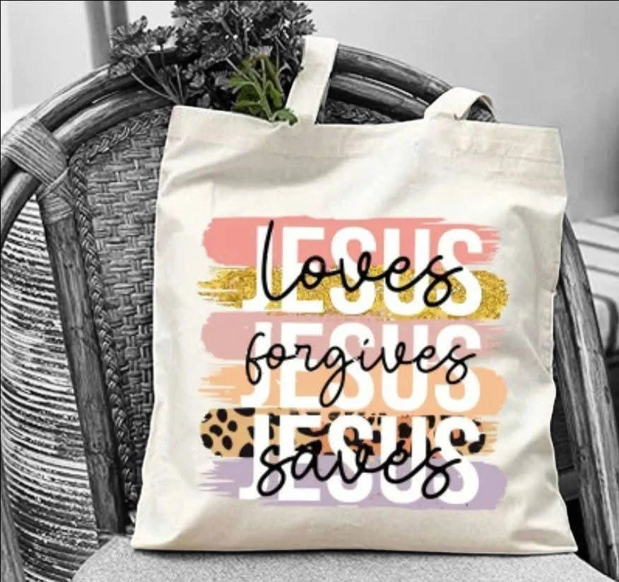 Jesus Loves Forgives Saves Tote Bag