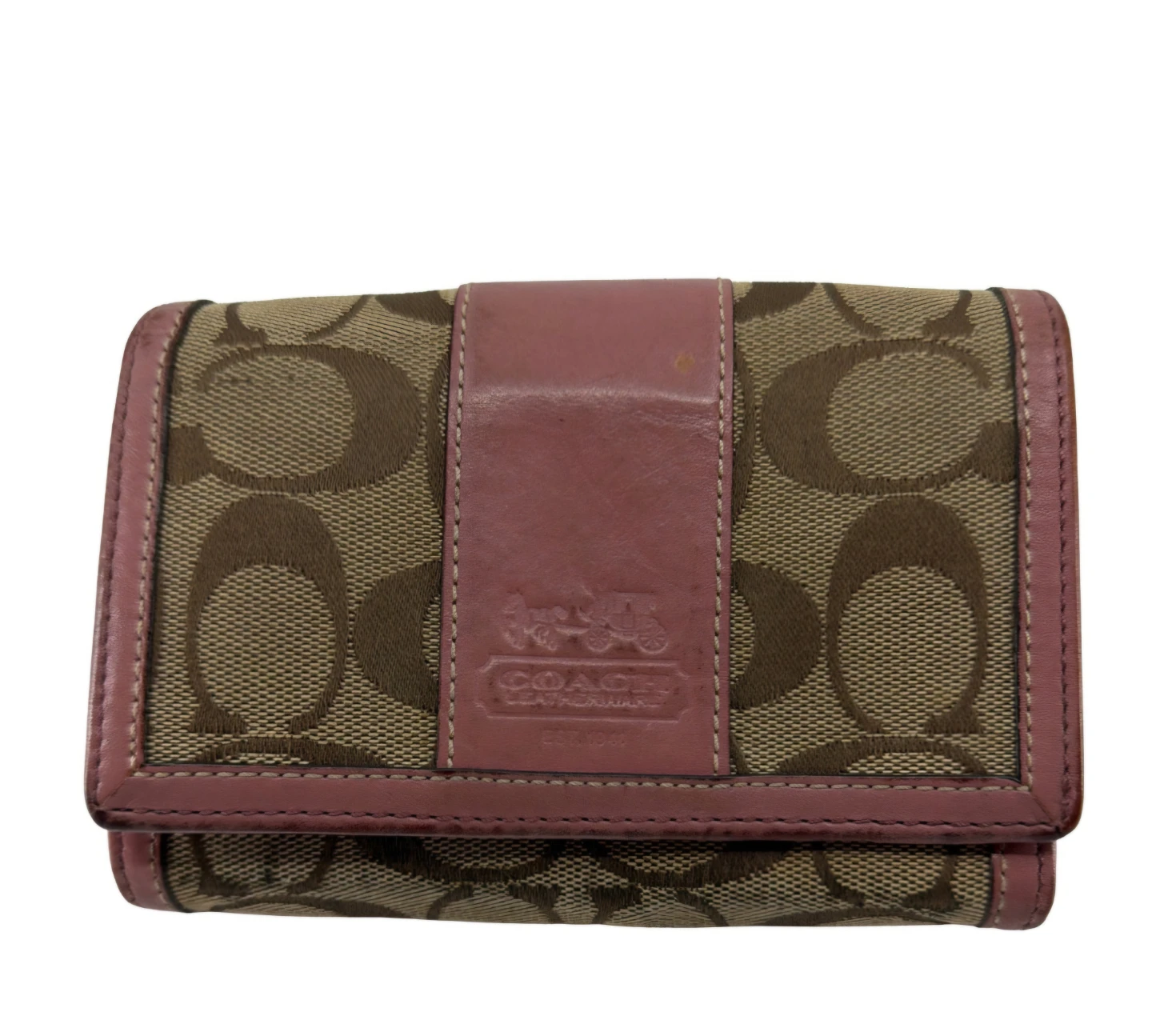 Coach Signature C Monogram Pink Leather Trifold Wallet