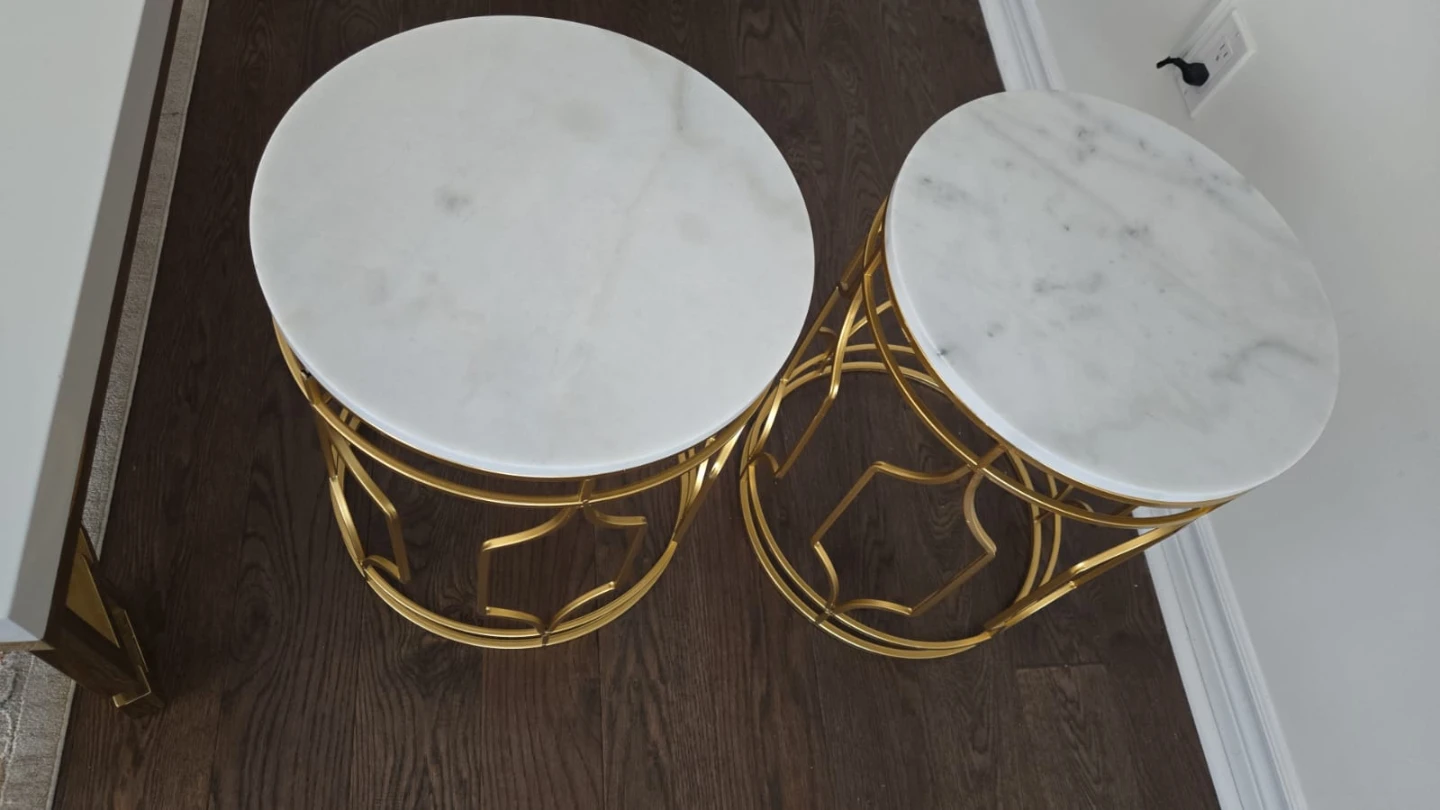 Set of 2 Round Marble Top Side Tables with Gold Metal Bases - photo 2